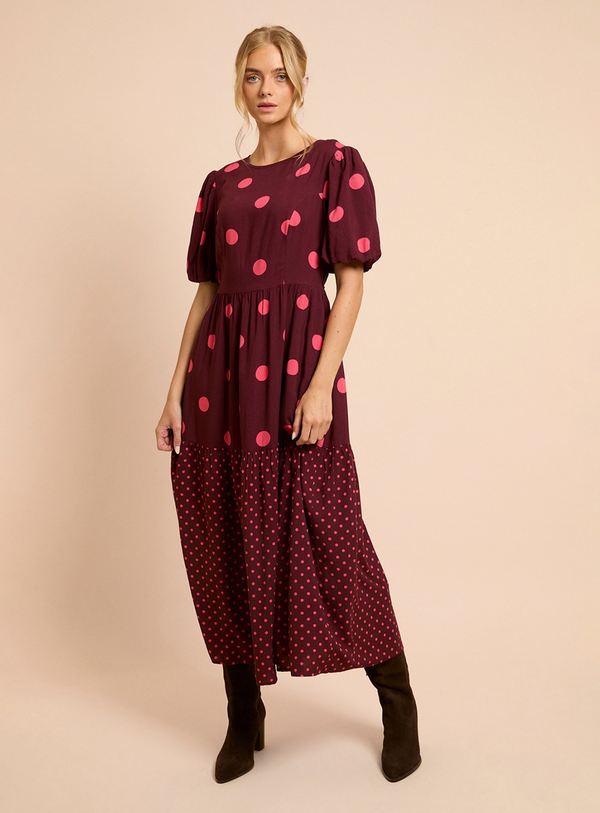 DOROTHY PERKINS Spot Puff Sleeve Dropped Waist Spot Mix Midi Dress 14 - Image 1 thumbnail